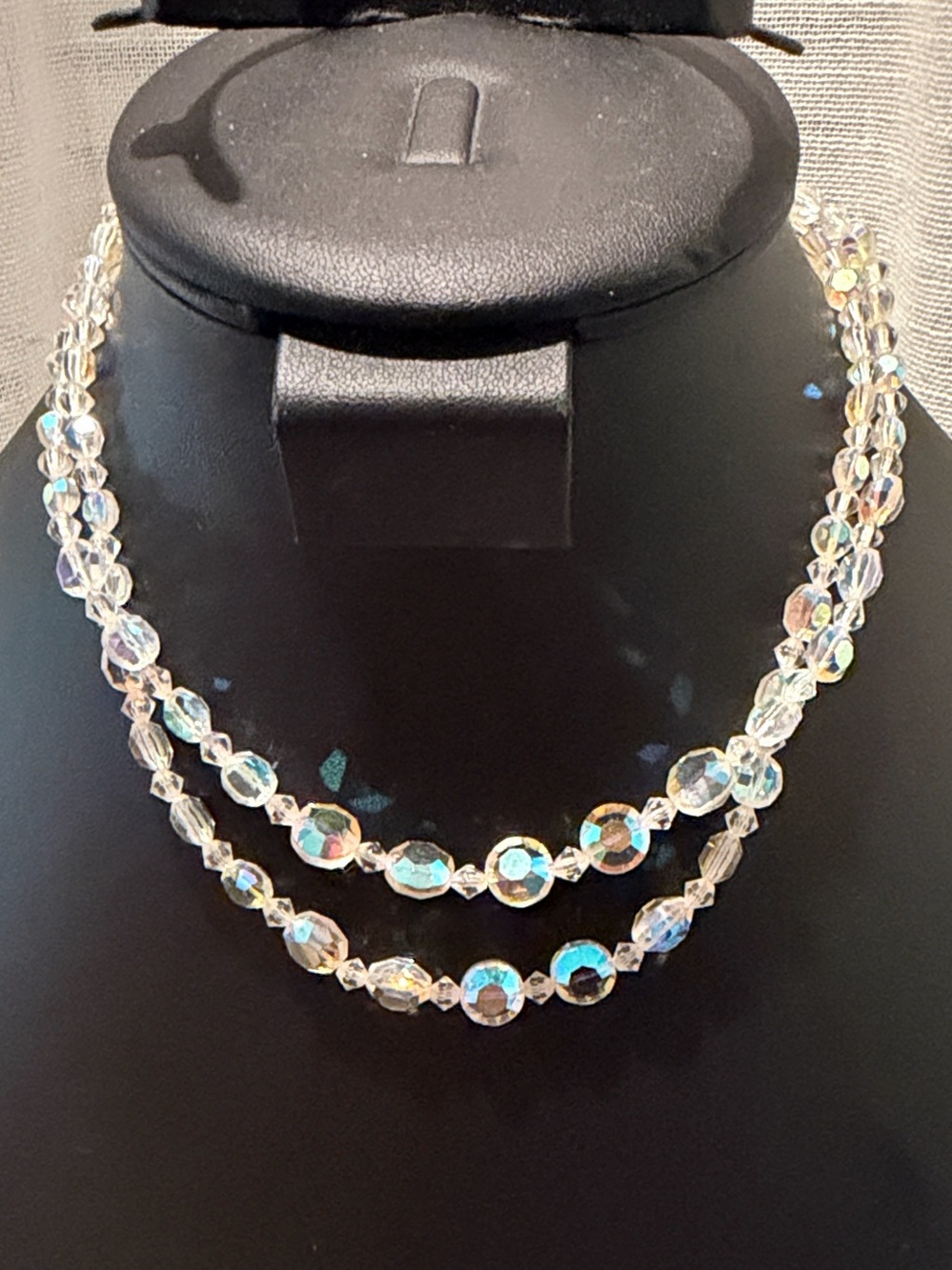 Vintage Aurora Borealis Crystal Double Strand Beaded Necklace 16”